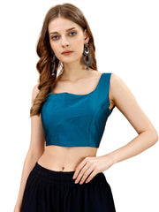 Blue colored sleeveless tafeta blouse