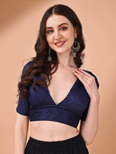 Navy blue colored half sleeves v neck blouse