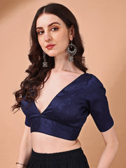 Navy blue colored half sleeves v neck blouse