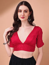 Red colored half sleeves v neck blouse