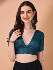 Teal colored half sleeves v neck blouse