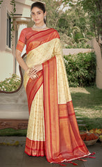 Cream Silk Woven Work Traditional Saree