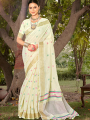 Sangam - Off White Cotton Woven Work Party Wear Saree