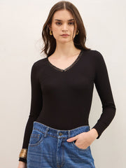 Black Rib Lace Insert Detail Top