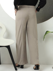 women solid designed high rise regular fit casual trousers 1