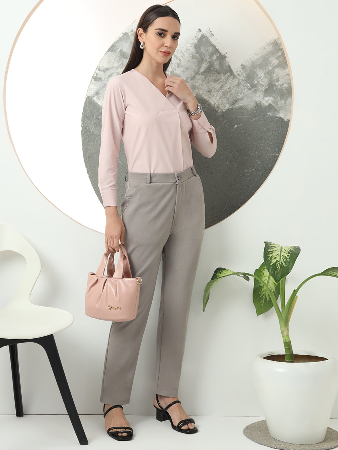 women smart loose fit high rise wrinkle free formal trousers
