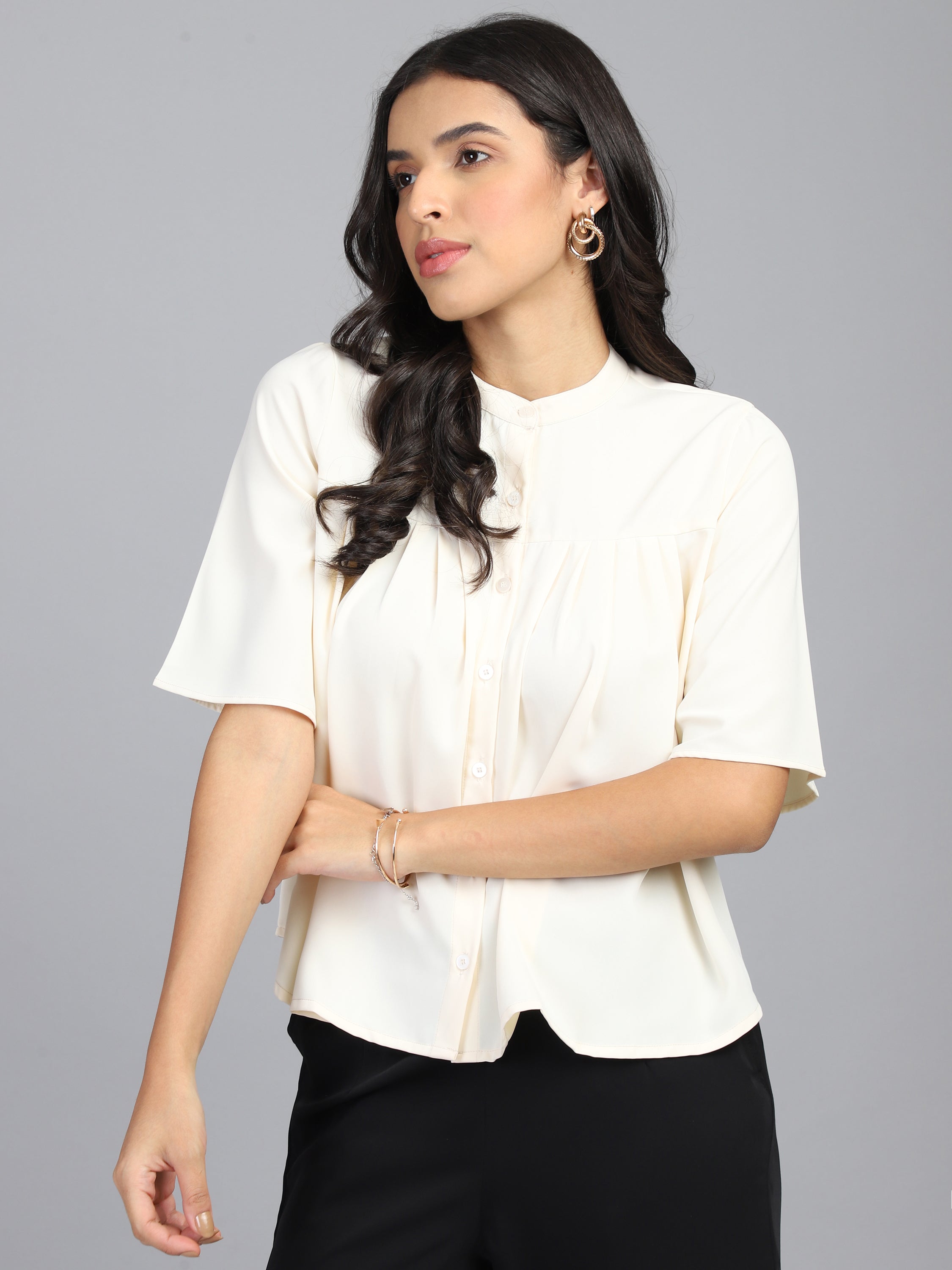 regular fit solid mandarin collar casual shirt 1