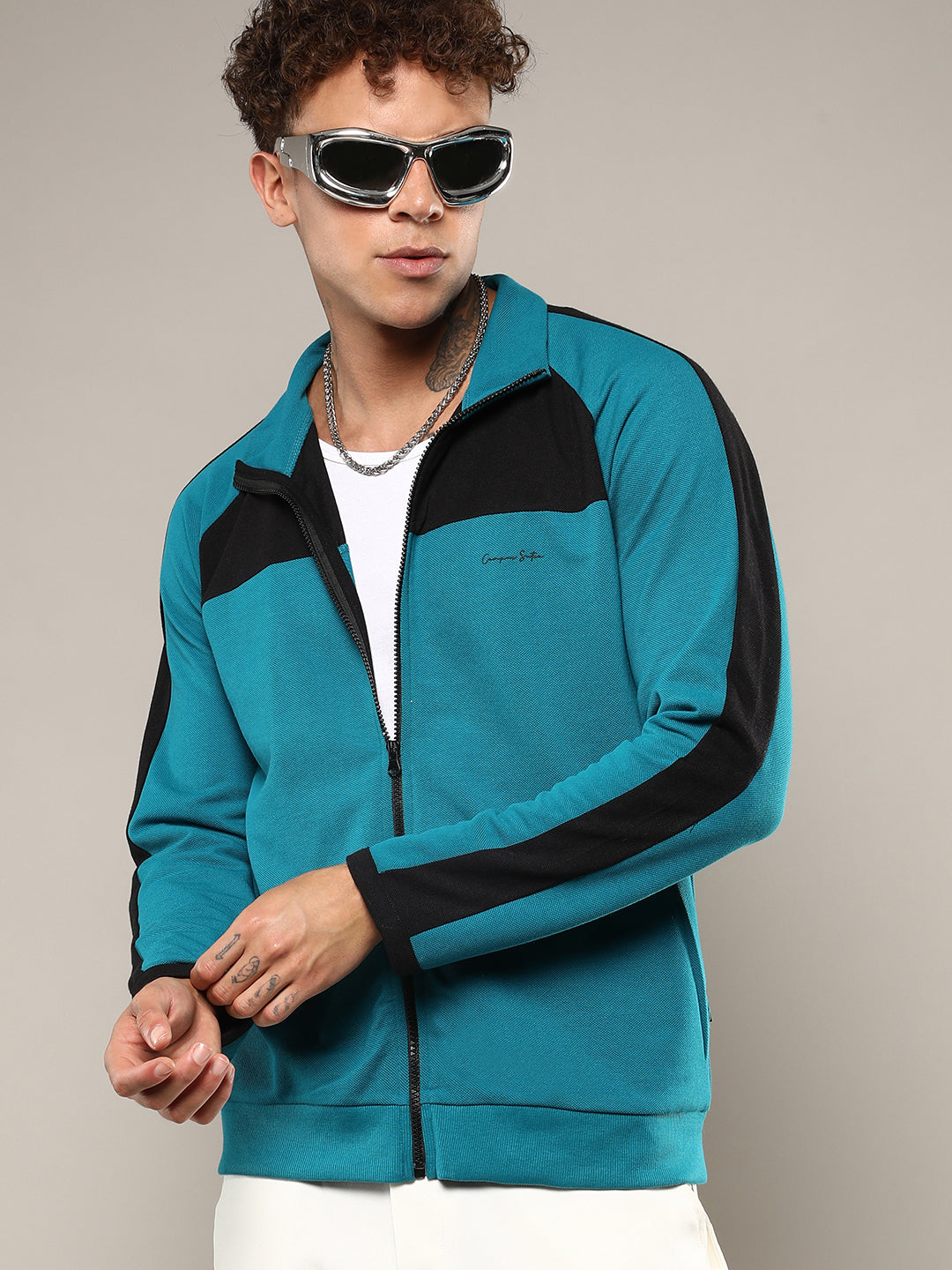 Mens Teal Blue Zip Front Jacket With Contrast Detail