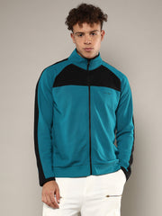 Mens Teal Blue Zip Front Jacket With Contrast Detail