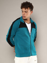 Mens Teal Blue Zip Front Jacket With Contrast Detail