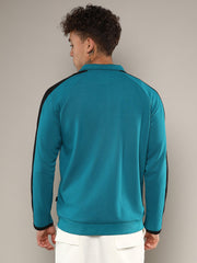 Mens Teal Blue Zip Front Jacket With Contrast Detail