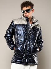Mens Blue Beige Zip Front Puffer Jacket With Fur Detail