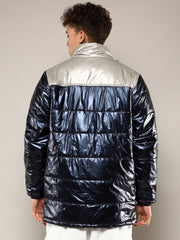 Mens Blue Beige Zip Front Puffer Jacket With Fur Detail
