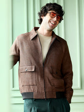 Mens Mocha Brown Geometric Jacquard Zip Front Jacket