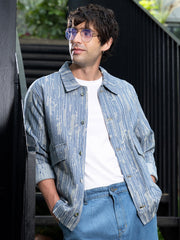 Mens Indigo Blue Relaxed Jacquard Denim Jacket