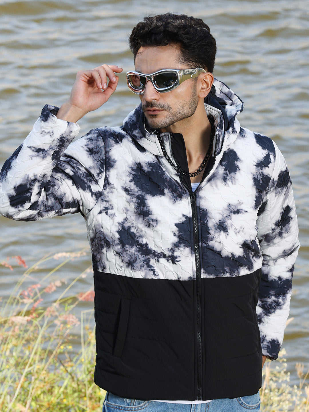 Mens Black White Tie Dye Block Puffer Jacket