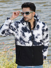 Mens Black White Tie Dye Block Puffer Jacket