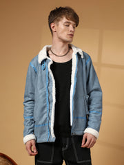 Mens Icy Blue Chalk White Fleece Lined Biker Jacket