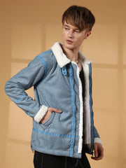Mens Icy Blue Chalk White Fleece Lined Biker Jacket