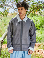 Mens Moon Grey Chalk White Fleece Lined Biker Jacket