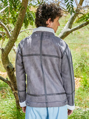 Mens Moon Grey Chalk White Fleece Lined Biker Jacket