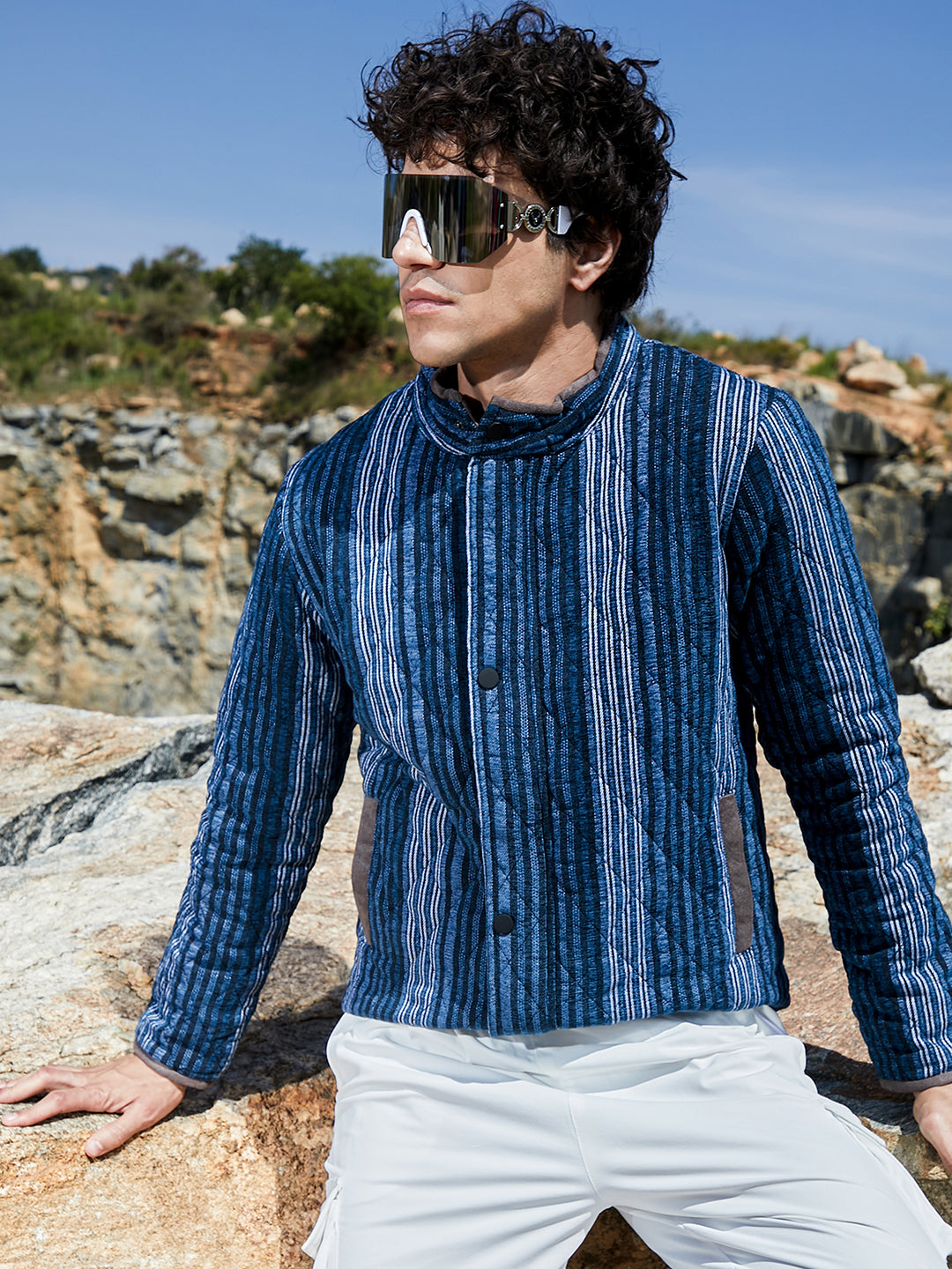 Mens Black Prussian Blue Striped Quilted Bomber Jacket