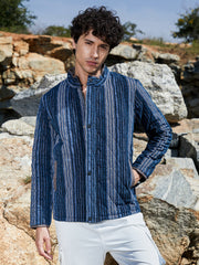 Mens Black Prussian Blue Striped Quilted Bomber Jacket