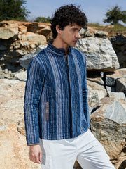 Mens Black Prussian Blue Striped Quilted Bomber Jacket