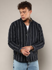 Mens Navy Blue Fleece Block Denim Jacket