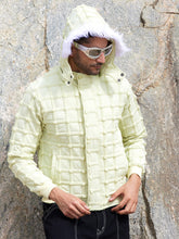 Mens Pale Yellow Self Design Puffer Jacket With Fleece Hood