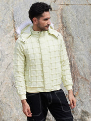 Mens Pale Yellow Self Design Puffer Jacket With Fleece Hood