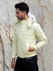 Mens Pale Yellow Self Design Puffer Jacket With Fleece Hood