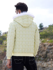 Mens Pale Yellow Self Design Puffer Jacket With Fleece Hood