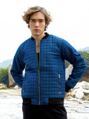 Mens Indigo Blue Cubic Quilted Bomber Jacket