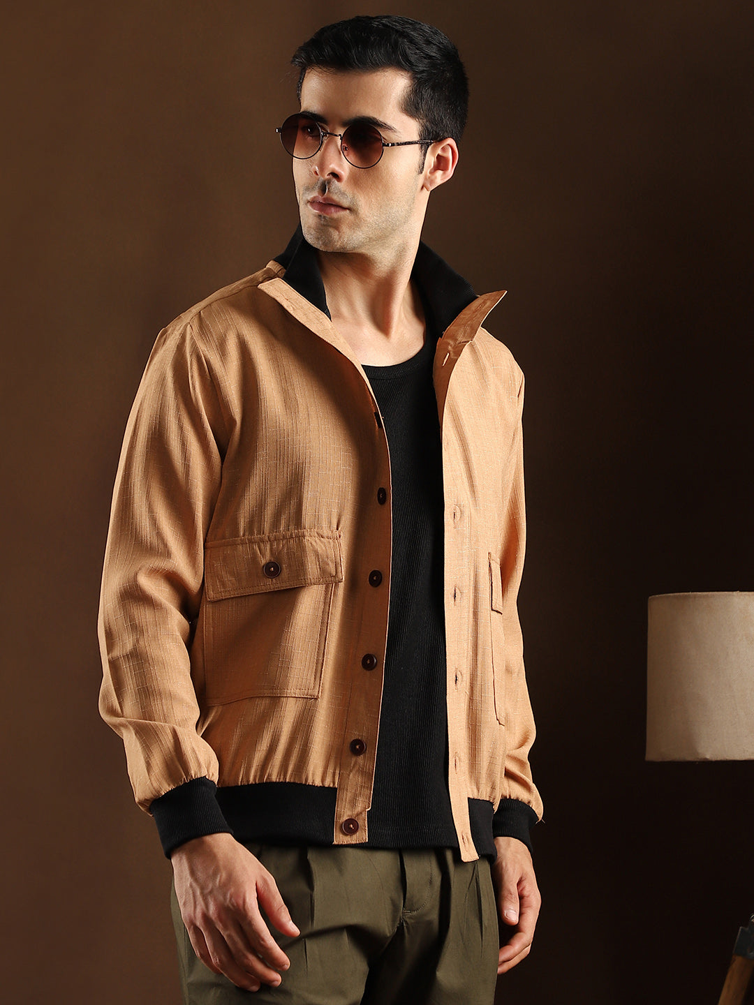 Mens Khaki Beige Tactile Utility Bomber Jacket