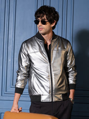 Mens Chalice Silver Patent Panel Bomber Jacket