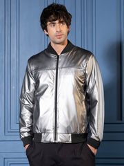 Mens Chalice Silver Patent Panel Bomber Jacket