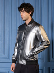 Mens Chalice Silver Patent Panel Bomber Jacket