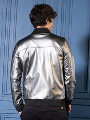 Mens Chalice Silver Patent Panel Bomber Jacket