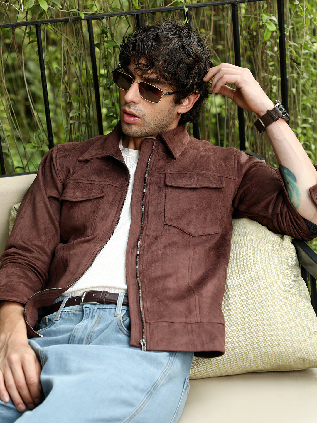 Mens Chocolate Brown Solid Utility Suede Bomber Jacket