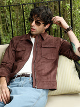 Mens Chocolate Brown Solid Utility Suede Bomber Jacket
