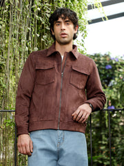 Mens Chocolate Brown Solid Utility Suede Bomber Jacket