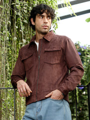 Mens Chocolate Brown Solid Utility Suede Bomber Jacket