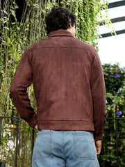 Mens Chocolate Brown Solid Utility Suede Bomber Jacket