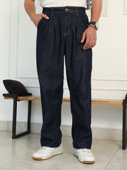 Dark-Wash Pleated Denim Jeans