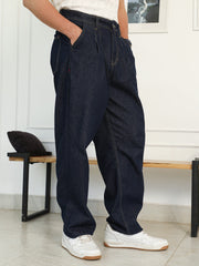 Dark-Wash Pleated Denim Jeans