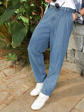 Indigo Blue Mid-Wash Pleated Denim Jeans