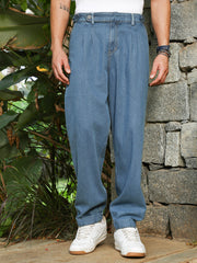 Indigo Blue Mid-Wash Pleated Denim Jeans