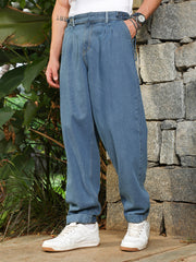 Indigo Blue Mid-Wash Pleated Denim Jeans