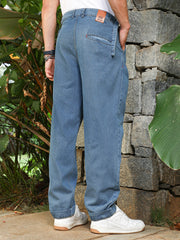 Indigo Blue Mid-Wash Pleated Denim Jeans